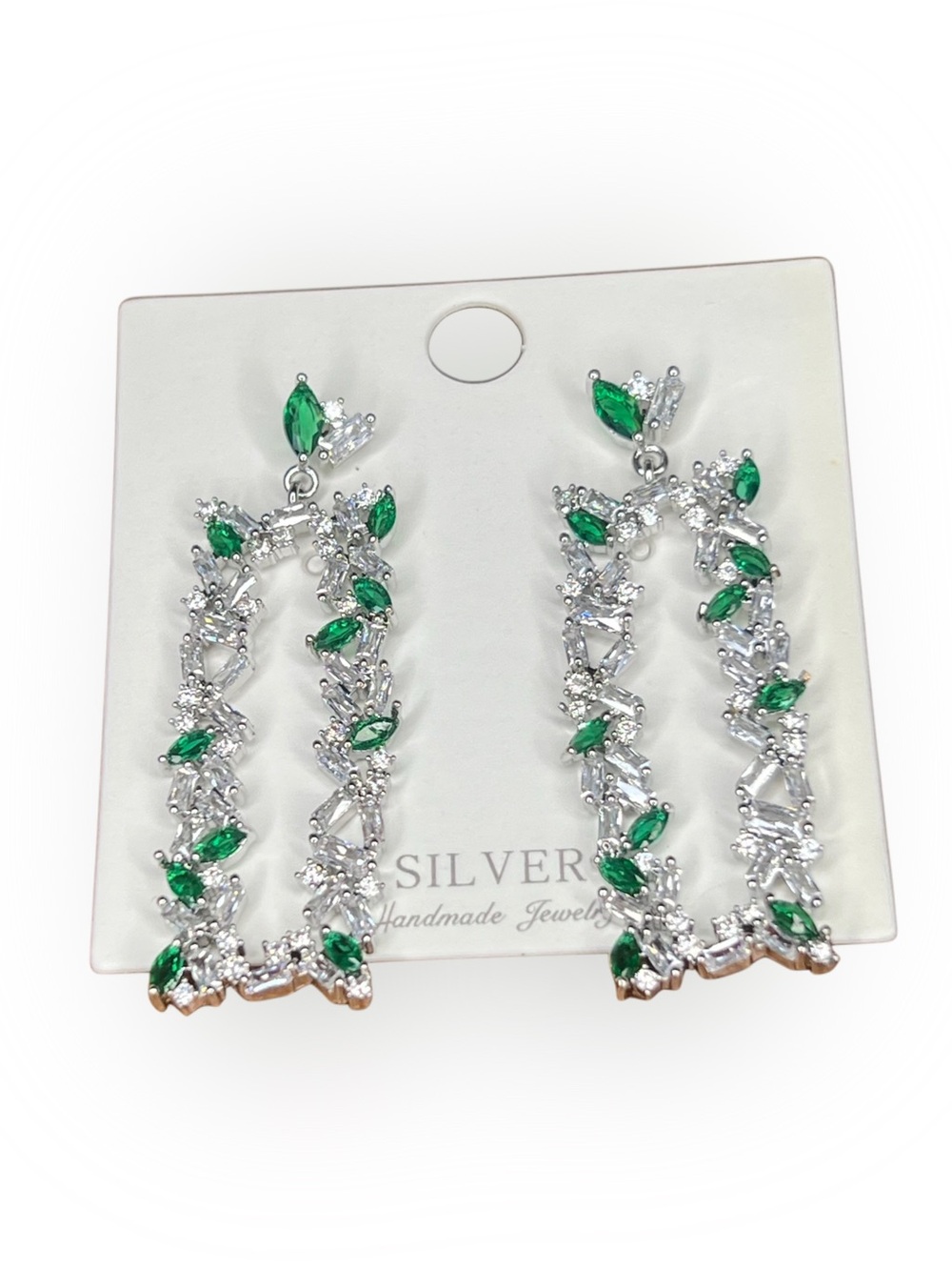 Silvertone Emerald and Clear Rhinestone  Linked Rectangle Drop Earrings